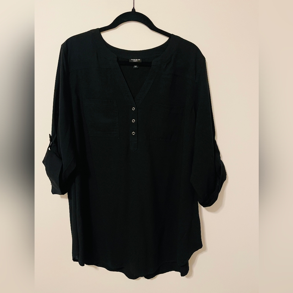 Torrid Black V-Neck Blouse with Roll Tab Sleeves